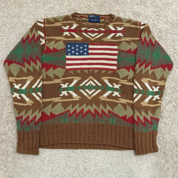 Polo Ralph Lauren Other - Vintage Polo Ralph Lauren Aztec American Flag Sweater Mens Large Cotton Knit